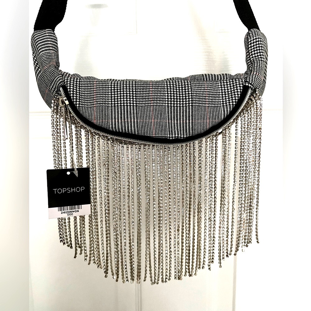 TOPSHOP Rhinestones Crystals Fringe Belt Bag Crossbody Black White Red Plaid NWT